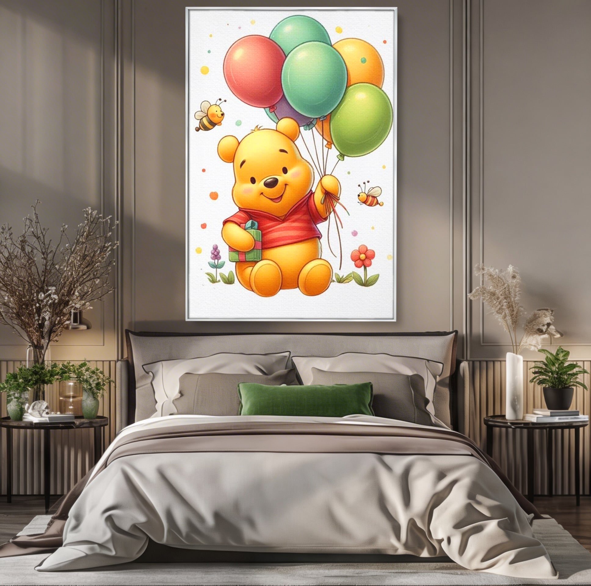 Tablou canvas cu tablou canvas cu winnie the pooh, in rama de aluminiu argintiu, pe perete intr-un dormitor